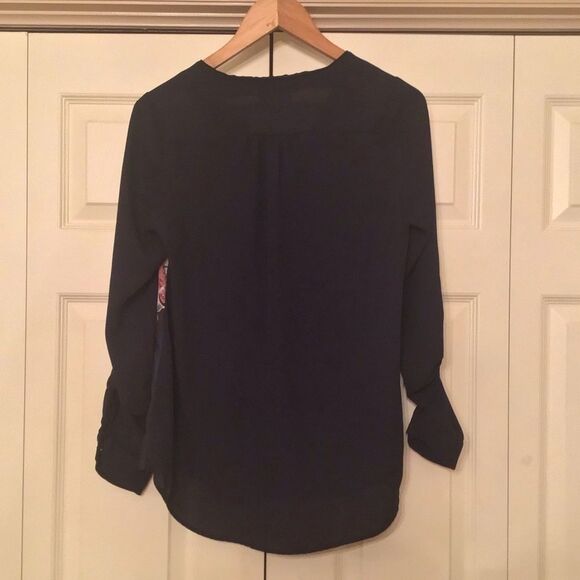 Modcloth Dark Blue Blouse with Pink Floral Design - Picture 4 of 6